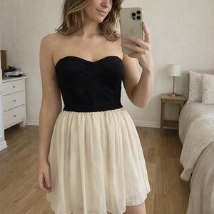 Dainty France strapless mini dress 2 tones cream black chiffon flowy skirt Large